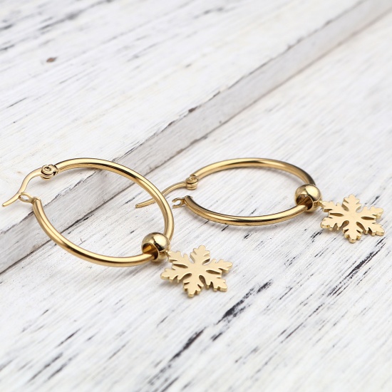 Picture of Stainless Steel Christmas Hoop Earrings Gold Plated Circle Ring Snowflake 45mm x 29mm, Post/ Wire Size: (17 gauge), 1 Pair