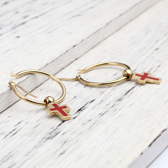 Picture of Stainless Steel & Acrylic Religious Hoop Earrings Gold Plated Red Circle Ring Cross 45mm x 29mm, Post/ Wire Size: (17 gauge), 1 Pair