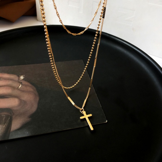 Immagine di Religione Multistrato Collana Oro Placcato Croce lunghezza: 35.5cm, 1 Pz