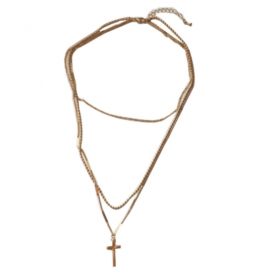 Immagine di Religione Multistrato Collana Oro Placcato Croce lunghezza: 35.5cm, 1 Pz