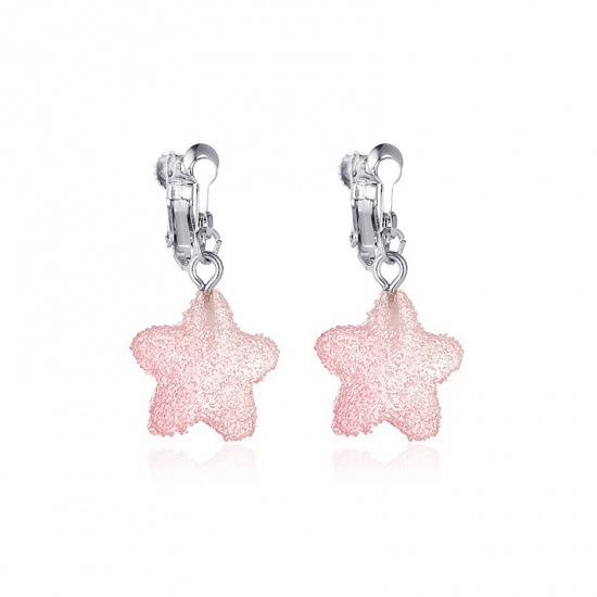 Immagine di Resina clip orecchio Tono Argento Rosa Stella 34mm x 18mm, 1 Paio