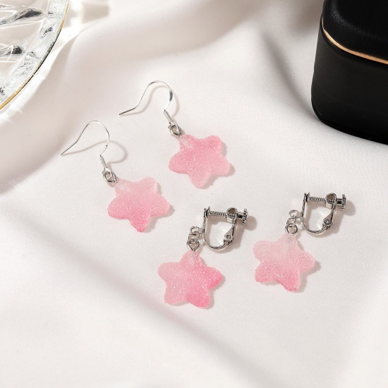 Immagine di Resina clip orecchio Tono Argento Rosa Stella 34mm x 18mm, 1 Paio