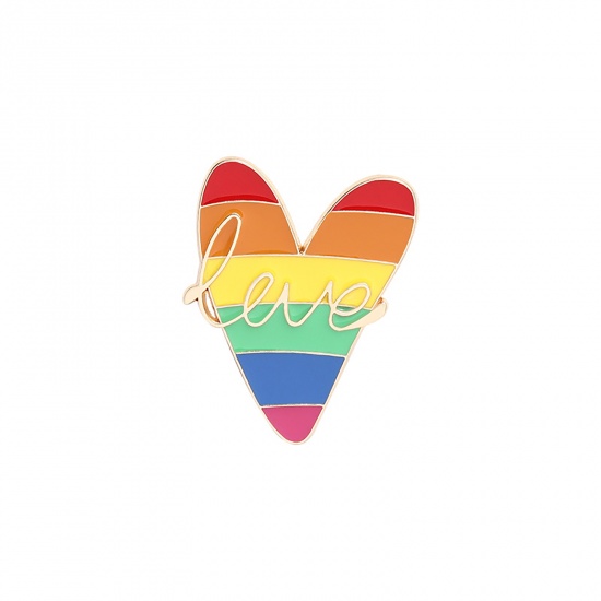 Immagine di Arcobaleno Spilla Cuore Lettere " LOVE " Multicolore Smalto 31mm x 23mm, 1 Pz