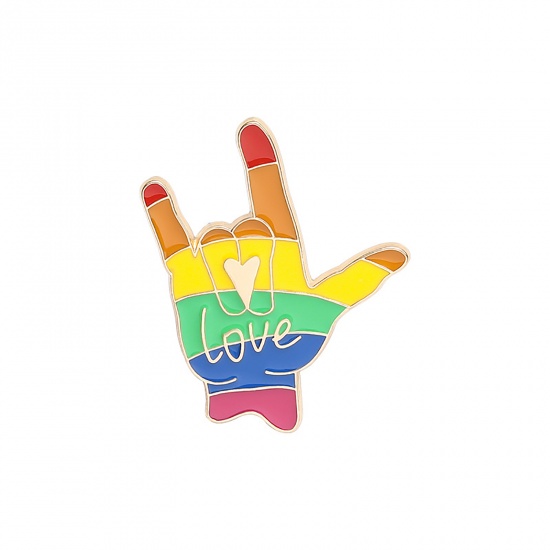 Immagine di Arcobaleno Spilla Gesto del Segno della Mano di Rock N Roll Lettere " LOVE " Multicolore Smalto 31mm x 23mm, 1 Pz