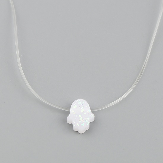 Picture of Resin Religious Necklace White Hamsa Symbol Hand Sequins 45cm(17 6/8") long, 1 Piece