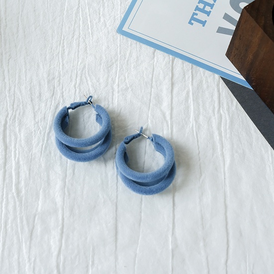 Picture of Flocking Hoop Earrings Blue Circle Ring 40mm x 32mm, 1 Pair