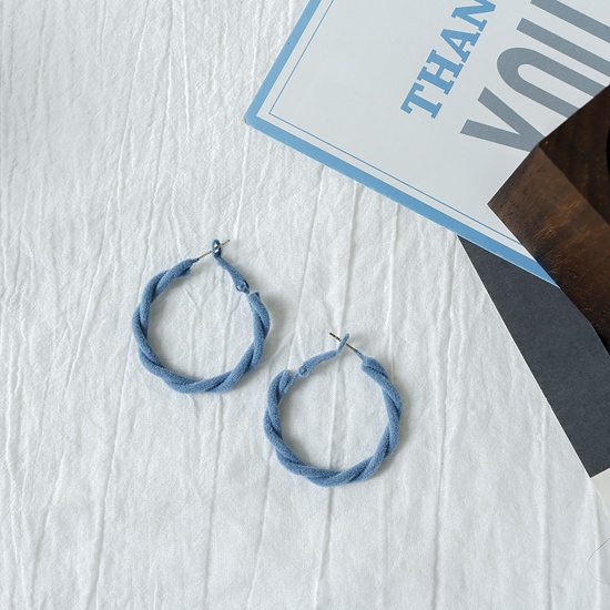 Picture of Flocking Hoop Earrings Blue Braided Circle Ring 41mm x 35mm, 1 Pair