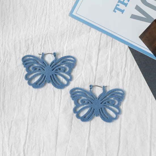 Picture of Flocking Insect Hoop Earrings Blue Butterfly Animal 52mm x 35mm, 1 Pair