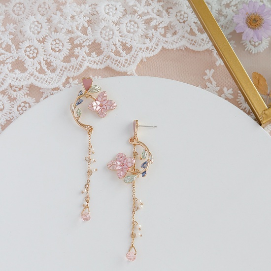 Picture of Acrylic Tassel Earrings Pink Flower Painted 84mm, 1 Pair