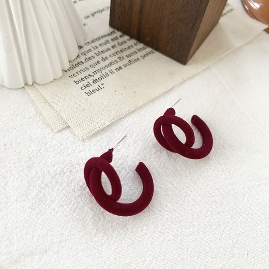 Picture of Flocking Hoop Earrings Wine Red C Shape 28mm x 17mm, 1 Pair