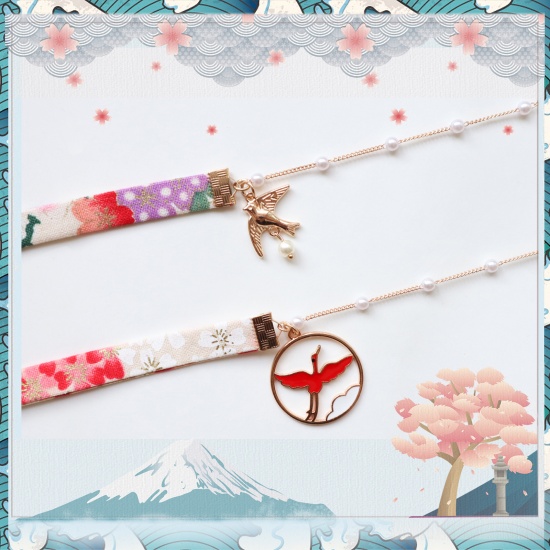 Picture of Fabric Choker Necklace Multicolor Bird Animal Flower Imitation Pearl 29cm(11 3/8") long, 1 Piece