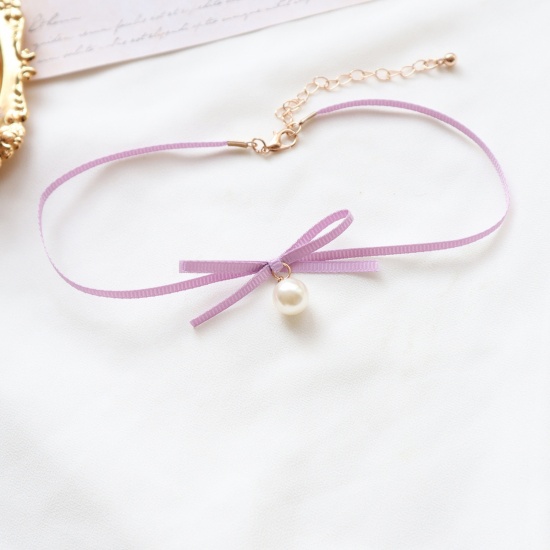 Picture of Fabric Choker Necklace Purple Bowknot Imitation Pearl 29cm(11 3/8") long, 1 Piece