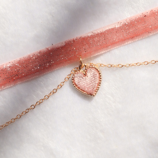Picture of Velvet Choker Necklace Peach Pink Heart 30cm(11 6/8") long, 1 Piece