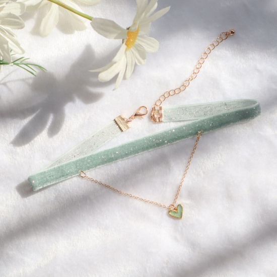 Picture of Velvet Choker Necklace Mint Green Heart 30cm(11 6/8") long, 1 Piece