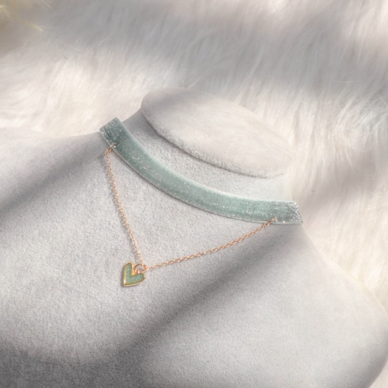Picture of Velvet Choker Necklace Mint Green Heart 30cm(11 6/8") long, 1 Piece
