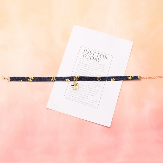 Picture of Fabric Choker Necklace Navy Blue Sakura Flower 30cm(11 6/8") long, 1 Piece