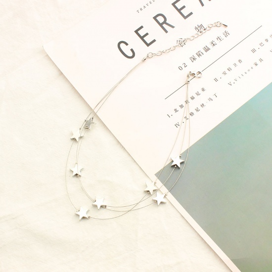 Picture of Choker Necklace Silver Tone Pentagram Star Multilayer 30cm(11 6/8") long, 1 Piece