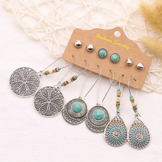 Picture of Acrylic Boho Chic Bohemia Earrings Antique Silver Color Round Drop Imitation Turquoise 70mm, 8mm Dia., 1 Set ( 6 Pairs/Set)