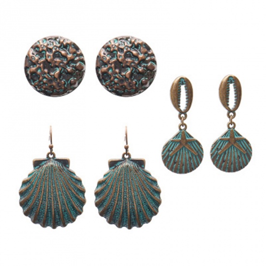 Picture of Boho Chic Bohemia Earrings Antique Copper Round Shell Patina 1 Set ( 3 Pairs/Set)