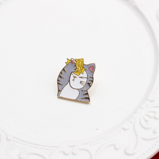 Picture of Pin Brooches Cat Animal Gray Enamel 30mm x 25mm, 1 Piece