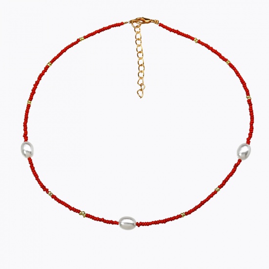 Bild von Glas Perlenkette Rot Imitat Perle 38cm lang, 1 Strang