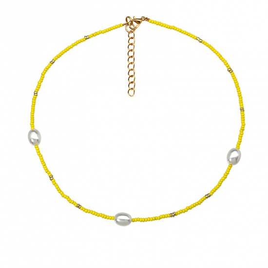 Bild von Glas Perlenkette Gelb Imitat Perle 38cm lang, 1 Strang