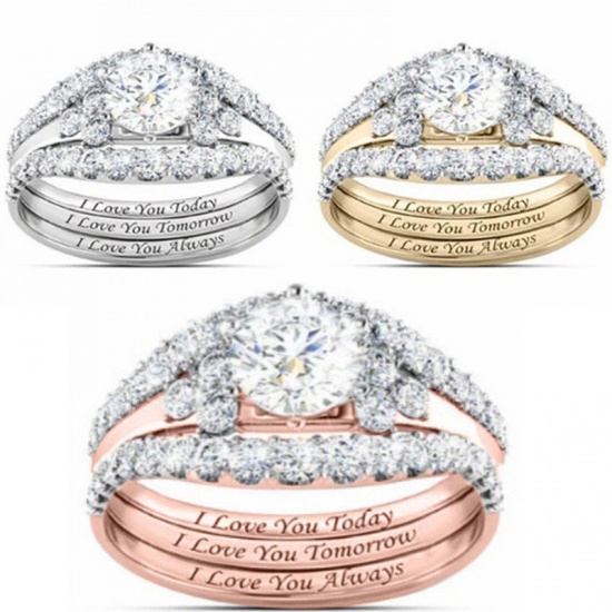 Picture of Unadjustable Rings Gold Plated Crown Message " I Love You Today Tomorrow Always " Clear Rhinestone 16.5mm(US Size 6), 1 Set ( 3 PCs/Set)