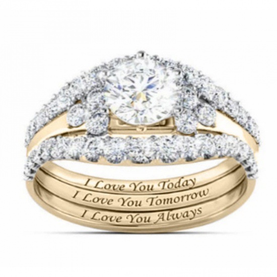Picture of Unadjustable Rings Gold Plated Crown Message " I Love You Today Tomorrow Always " Clear Rhinestone 18.9mm(US Size 9), 1 Set ( 3 PCs/Set)
