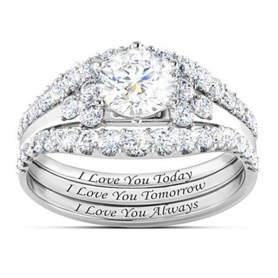 Picture of Unadjustable Rings Silver Tone Crown Message " I Love You Today Tomorrow Always " Clear Rhinestone 15.7mm(US Size 5), 1 Set ( 3 PCs/Set)