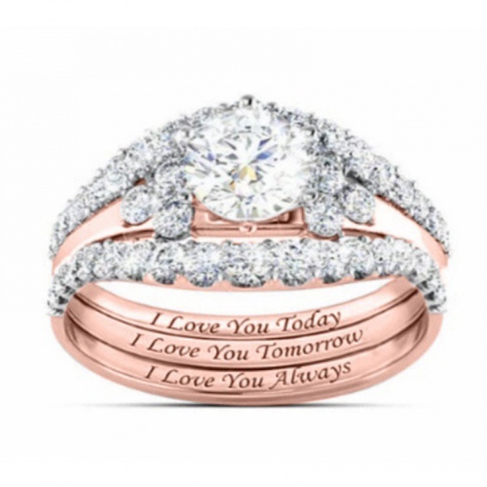 Picture of Unadjustable Rings Rose Gold Crown Message " I Love You Today Tomorrow Always " Clear Rhinestone 16.5mm(US Size 6), 1 Set ( 3 PCs/Set)