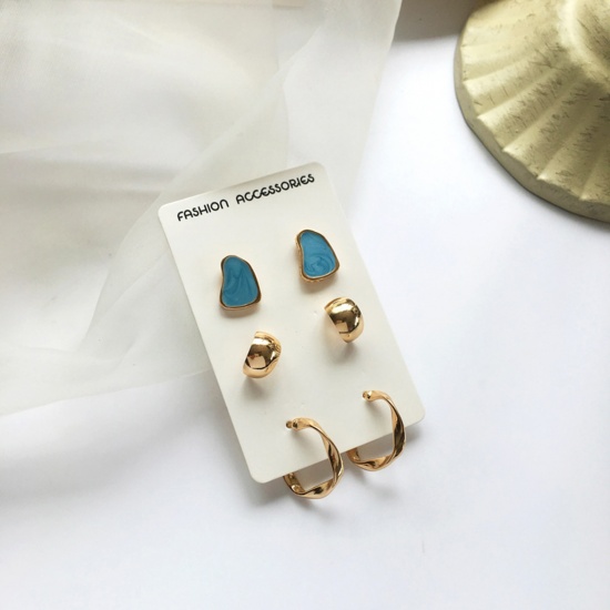 Picture of Ear Post Stud Earrings Set Gold Plated Blue Irregular 20mm x 20mm - 12mm x 8mm, 1 Set ( 3 Pairs/Set)