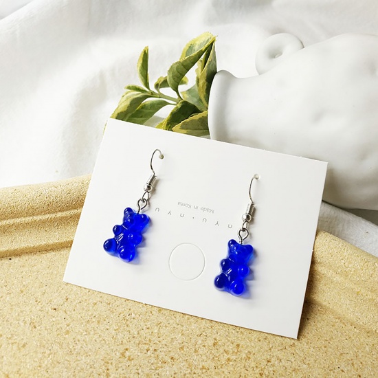 Picture of Resin Earrings Silver Tone Blue Candy Bear 40mm, 1 Pair