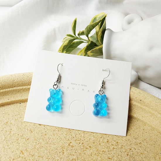 Picture of Resin Earrings Silver Tone Skyblue Candy Bear 40mm, 1 Pair