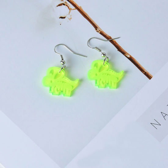 Picture of Acrylic Earrings Silver Tone Neon Green Dinosaur Animal 39mm x 22mm, 1 Pair
