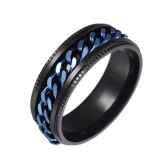 Picture of Stainless Steel Unadjustable Rings Blue & Black 18.1mm(US Size 8), 1 Piece