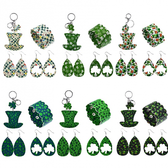 Picture of PU Leather St Patrick's Day Earrings Bracelet Keychain Set Green Leaf Clover 21cm x 3.5cm - 7.8cm x 3.7cm, 1 Set ( 4 PCs/Set)