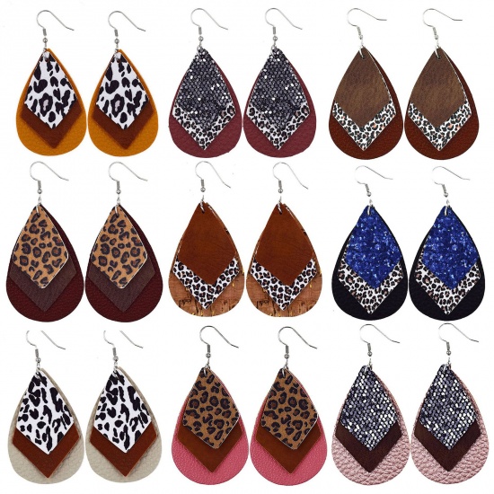 Picture of PU Leather Earrings Coffee Drop Leopard Print 78mm x 38mm, 1 Pair