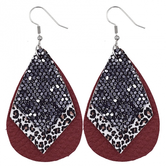 Picture of PU Leather Earrings Dark Red Drop Leopard Print Sequins 78mm x 38mm, 1 Pair