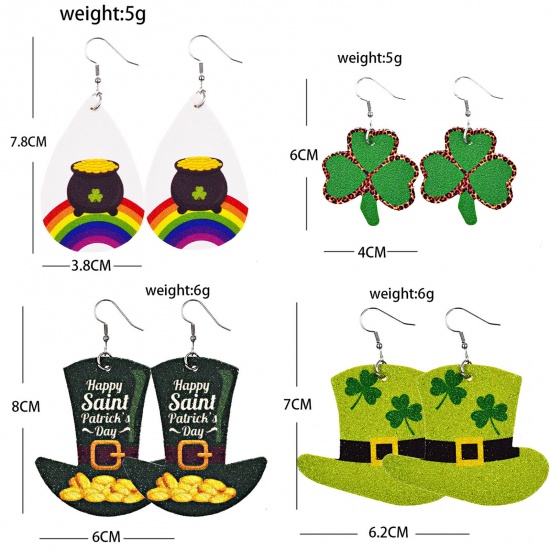 Picture of PU Leather St Patrick's Day Earrings Green Leaf Clover 60mm x 40mm, 1 Pair