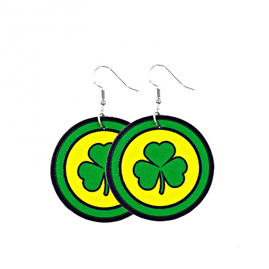 Picture of PU Leather St Patrick's Day Earrings Green Leaf Clover Round 60mm x 40mm, 1 Pair