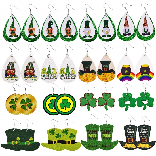 Picture of PU Leather St Patrick's Day Earrings Green Leaf Clover Round 60mm x 40mm, 1 Pair