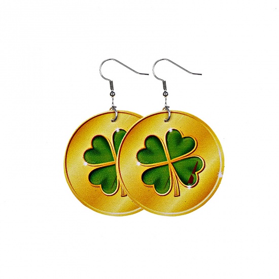 Picture of PU Leather St Patrick's Day Earrings Green & Yellow Leaf Clover Round 60mm x 40mm, 1 Pair