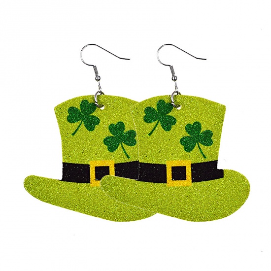 Picture of PU Leather St Patrick's Day Earrings Green Leaf Clover Hat 70mm x 62mm, 1 Pair