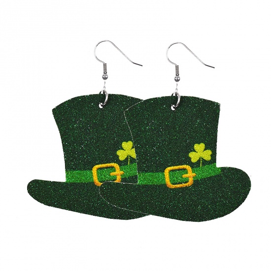 Picture of PU Leather St Patrick's Day Earrings Dark Green Leaf Clover Hat 70mm x 62mm, 1 Pair