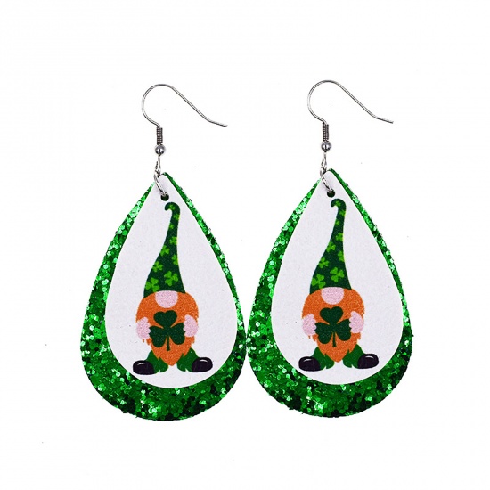 Picture of PU Leather St Patrick's Day Earrings White & Green Drop Sequins 78mm x 38mm, 1 Pair