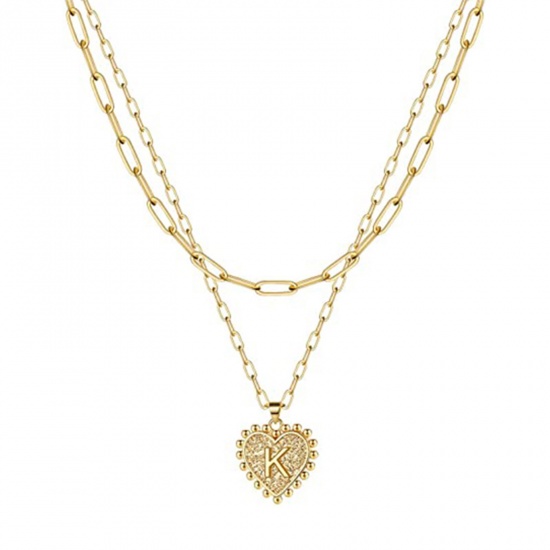 Picture of Necklace Gold Plated Heart Initial Alphabet/ Capital Letter Message " K " Multilayer 40cm(15 6/8") long, 1 Piece