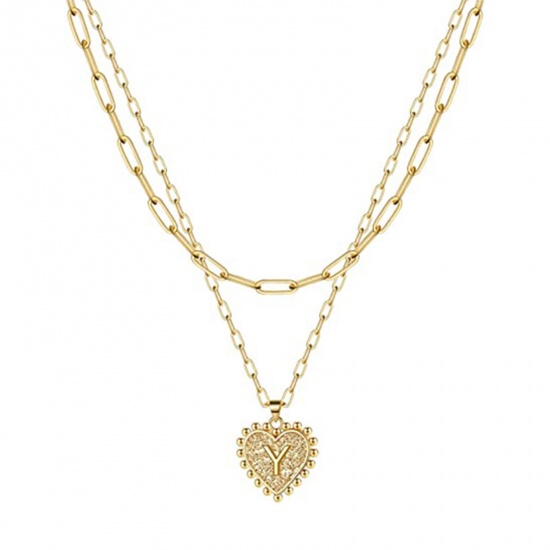 Picture of Necklace Gold Plated Heart Initial Alphabet/ Capital Letter Message " Y " Multilayer 40cm(15 6/8") long, 1 Piece