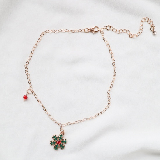 Picture of Choker Necklace Gold Plated Green Christmas Snowflake Green Rhinestone 30cm(11 6/8") long, 1 Piece