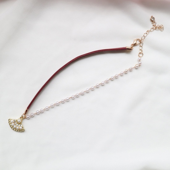 Picture of Velvet Choker Necklace Wine Red Fan Imitation Pearl 30cm(11 6/8") long, 1 Piece