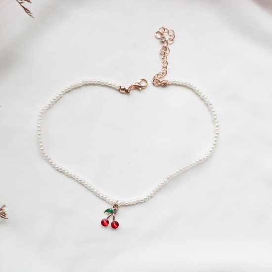 Picture of Acrylic Choker Necklace White & Red Cherry Fruit Imitation Pearl 30cm(11 6/8") long, 1 Piece
